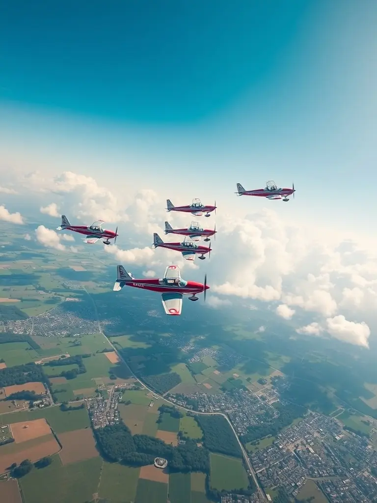 A panoramic view of several small planes flying in formation above the Bourges countryside, with fields and the city visible below, during a community fly-in.