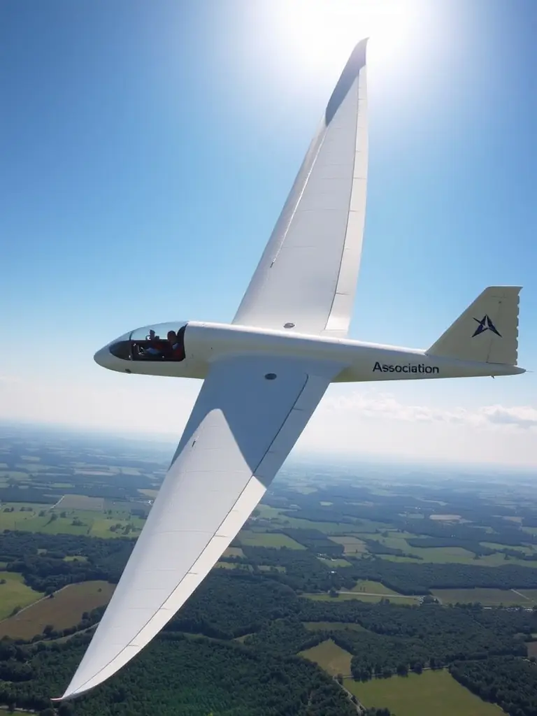 A dynamic image of a glider soaring above the Bourges countryside, with a pilot and instructor visible in the cockpit, and the association’s logo on the tail.