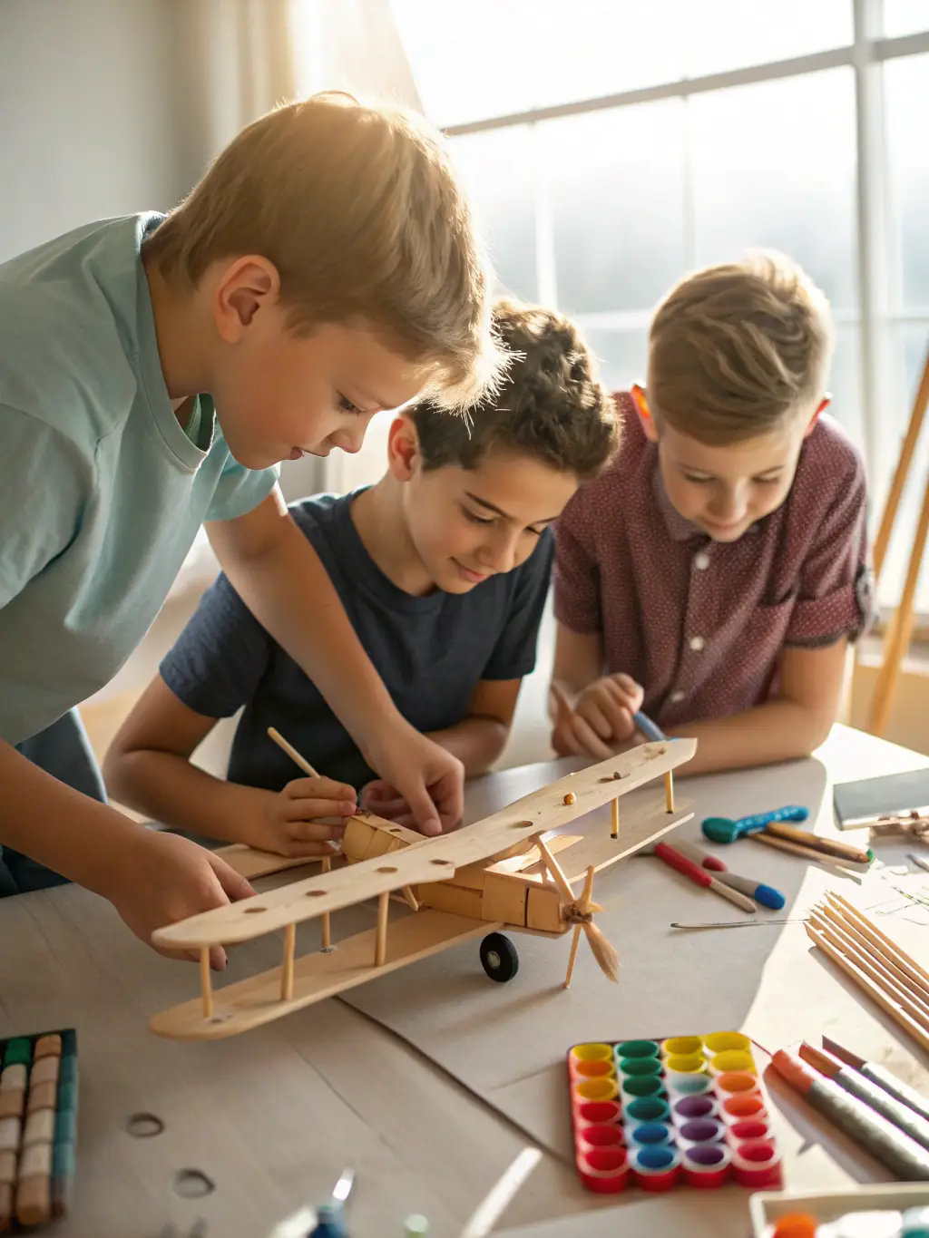 A detailed shot of a group of volunteers and children assembling model airplanes in a bright community hall, with aviation posters and educational materials on the walls.