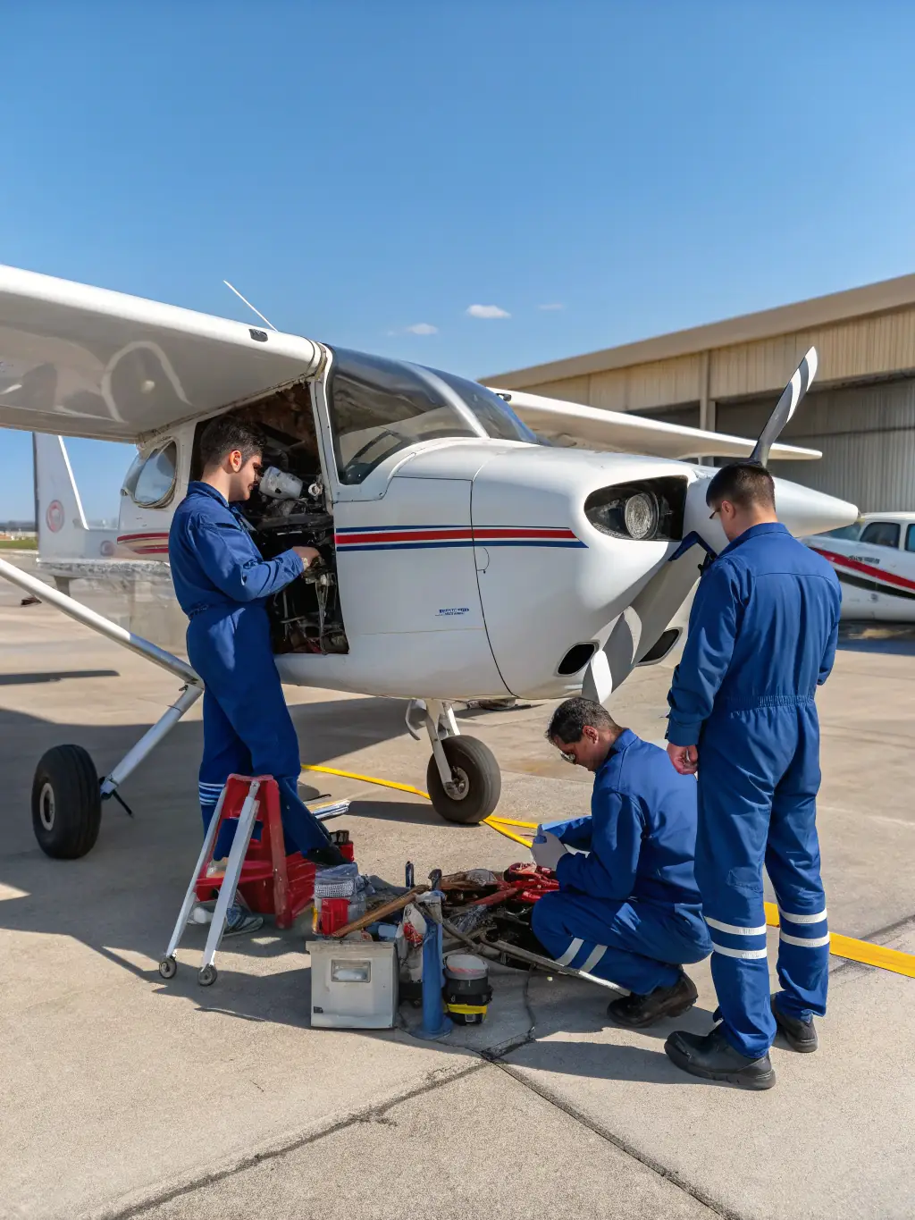 A close-up of a pilot and a club member performing a pre-flight safety check on a light aircraft, with checklists and safety gear visible.