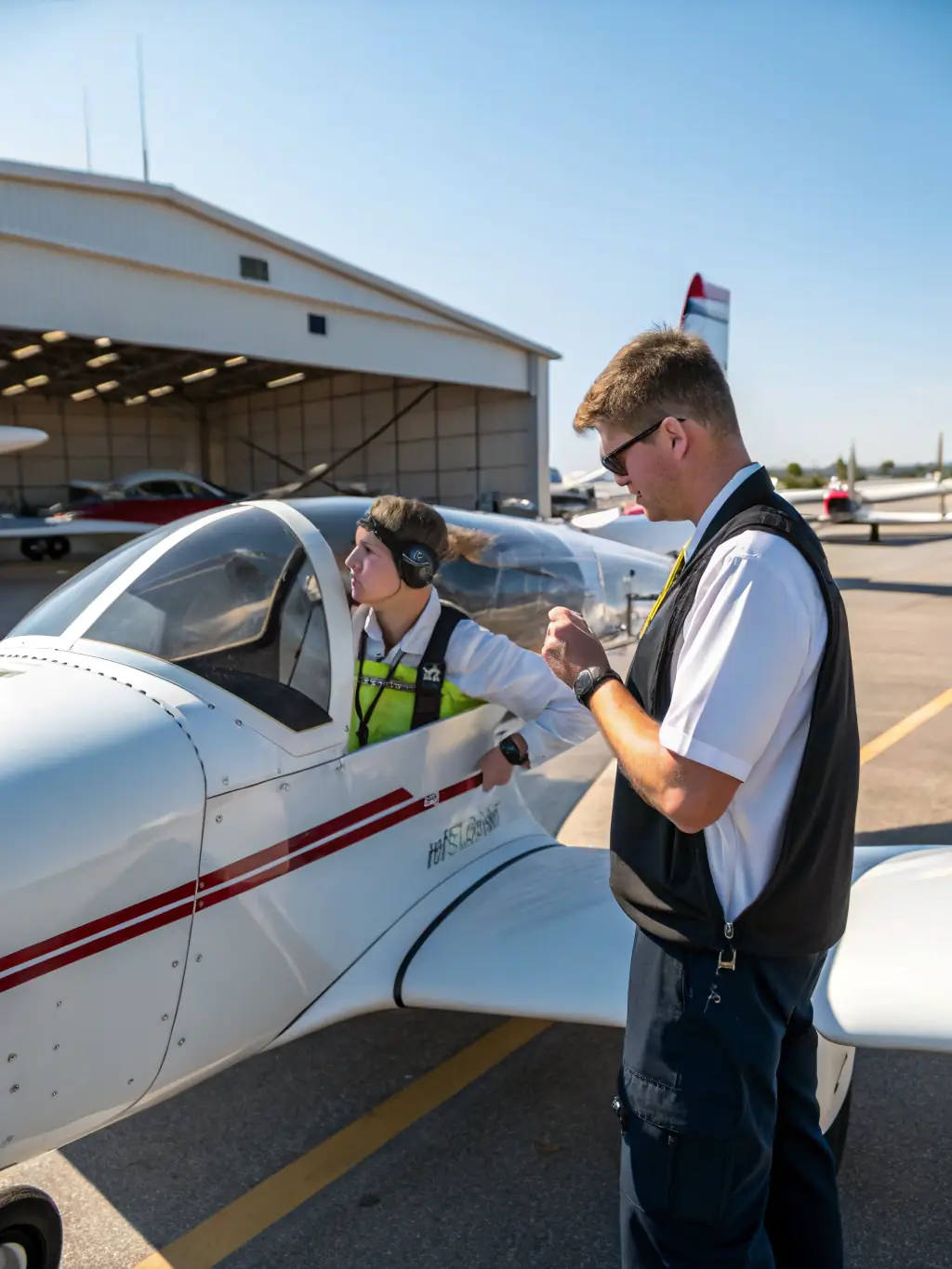 A vibrant scene of young pilots and instructors gathered beside a glider on a grassy airfield, with clear skies and a hangar in the background, representing youth aviation training sessions.